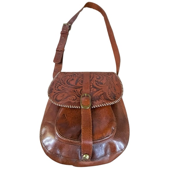 Patricia Nash Vintage Tooled Leather Crossbody Saddle Bag Brown - Picture 1 of 15